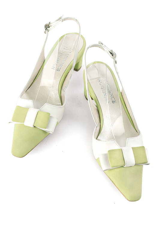 Meadow green and off white women's open back shoes, with a knot. Tapered toe. Low kitten heels. Top view - Florence KOOIJMAN